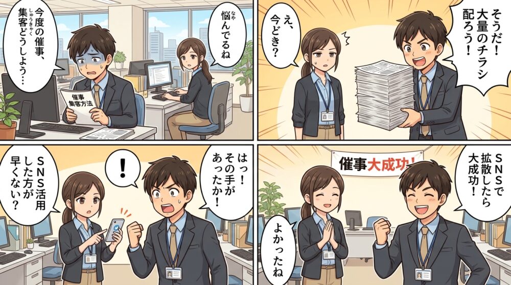 催事 集客方法の4コマ漫画