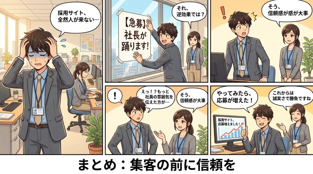 採用 集客方法の4コマ漫画