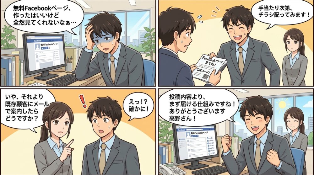 無料facebookページを宣伝する方法の4コマ漫画