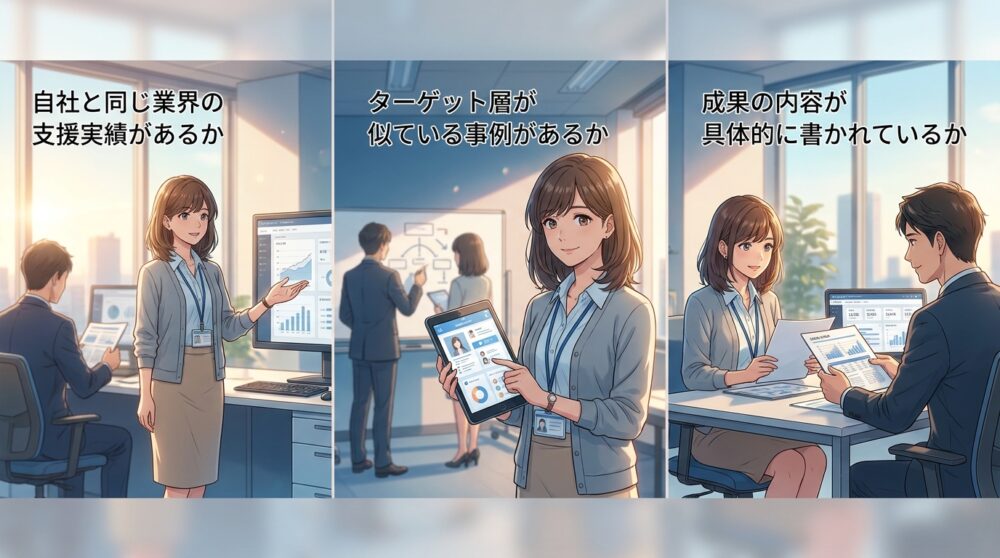 判断軸1：過去の支援実績が自社の業界・ターゲット層と重なっているか