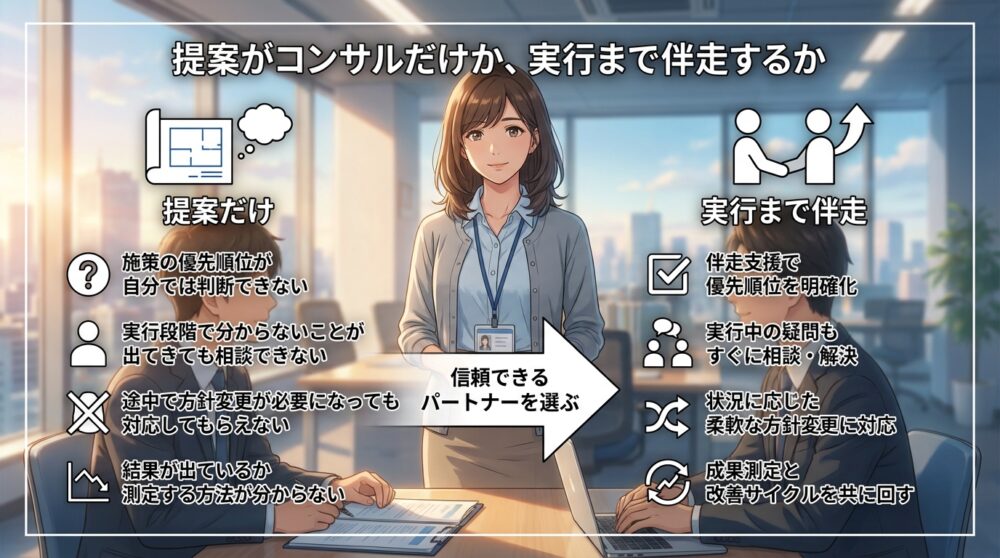 提案がコンサルだけか、実行まで伴走するか