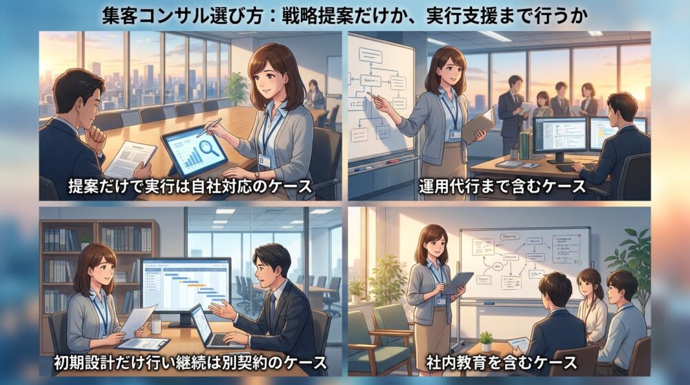 戦略提案だけか、実行支援まで行うか