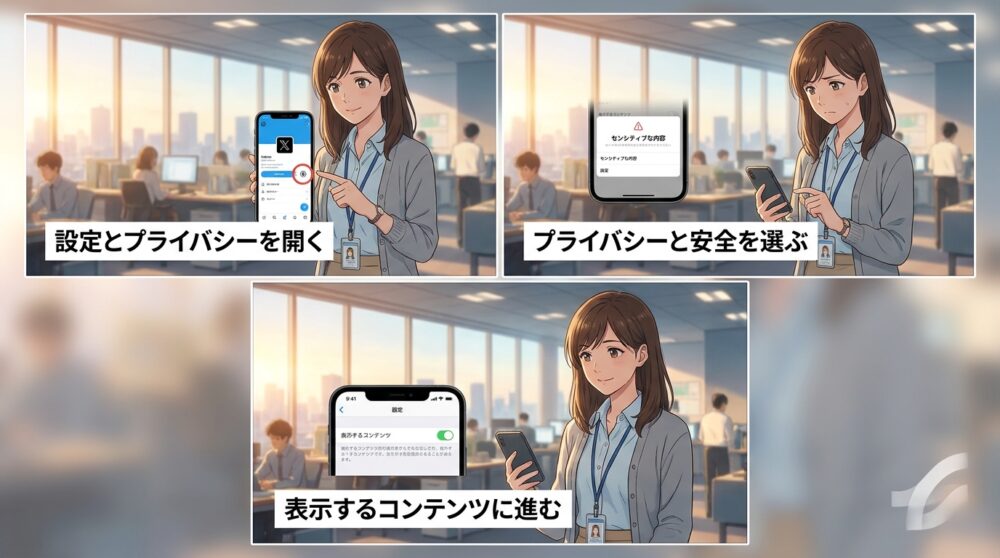 設定とプライバシー→プライバシーと安全→表示するコンテンツの順に開く