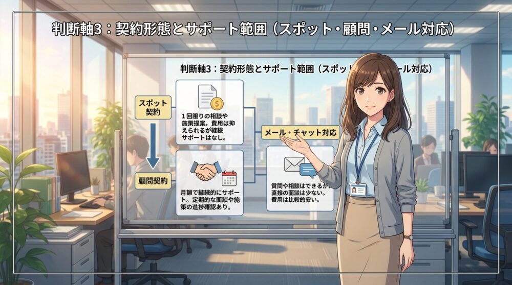 判断軸3：契約形態とサポート範囲（スポット・顧問・メール対応）