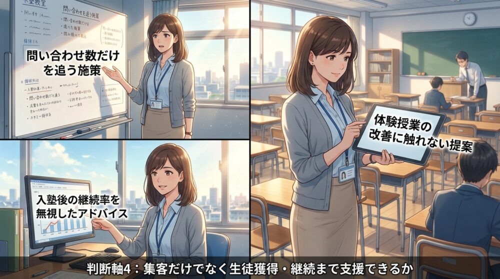 判断軸4：集客だけでなく生徒獲得・継続まで支援できるか