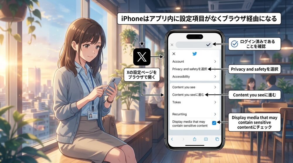 iPhoneはアプリ内に設定項目がなくブラウザ経由になる