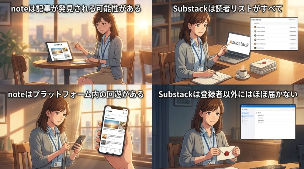 noteは「広場」、Substackは「手紙」という設計思想