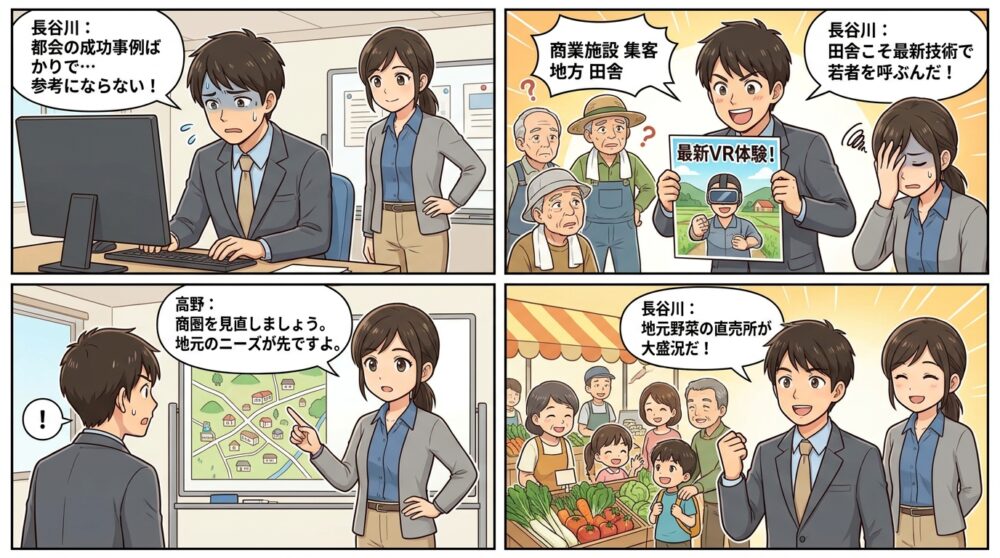 商業施設 集客方法 地方 田舎の4コマ漫画