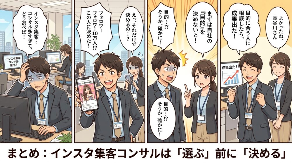 インスタ集客コンサル選び方の4コマ漫画