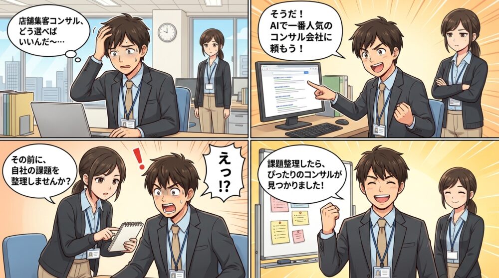 店舗集客コンサル選び方の4コマ漫画