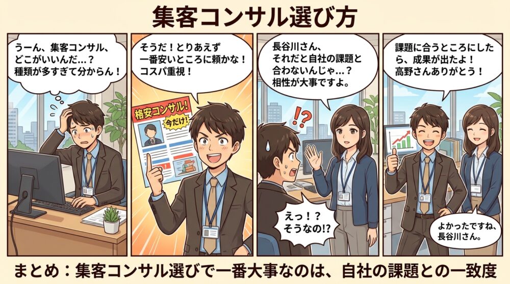 集客コンサル選び方の4コマ漫画