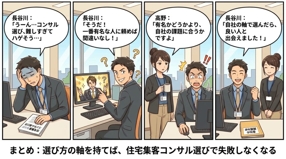 住宅集客コンサル選び方の4コマ漫画
