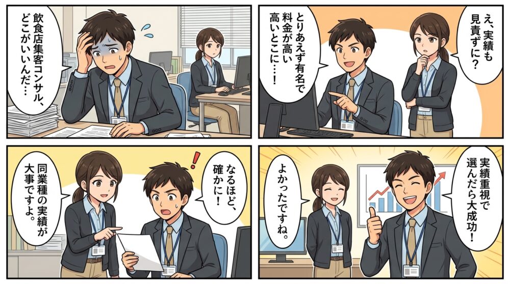 飲食店集客コンサル選び方の4コマ漫画