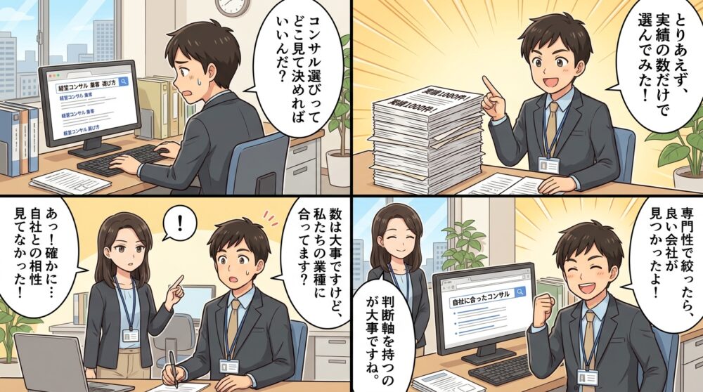経営コンサル集客選び方の4コマ漫画
