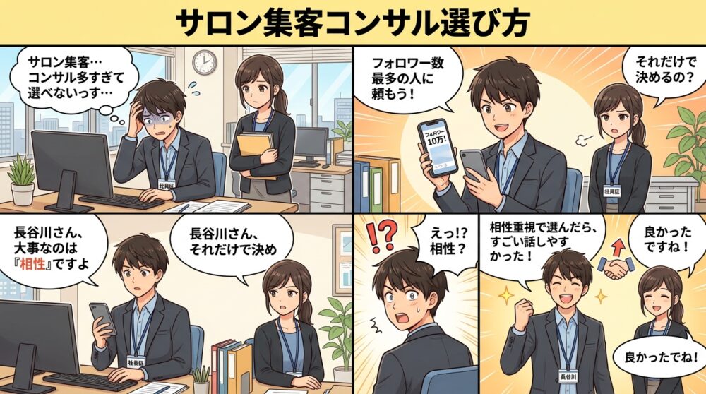 サロン集客コンサル選び方の4コマ漫画