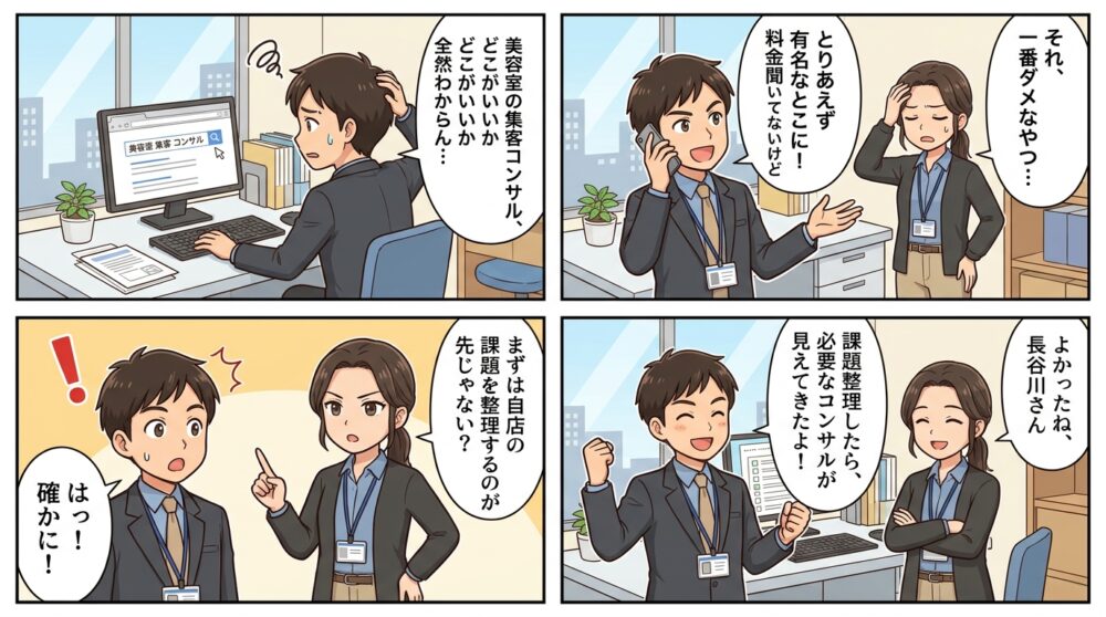 美容室集客コンサル選び方の4コマ漫画