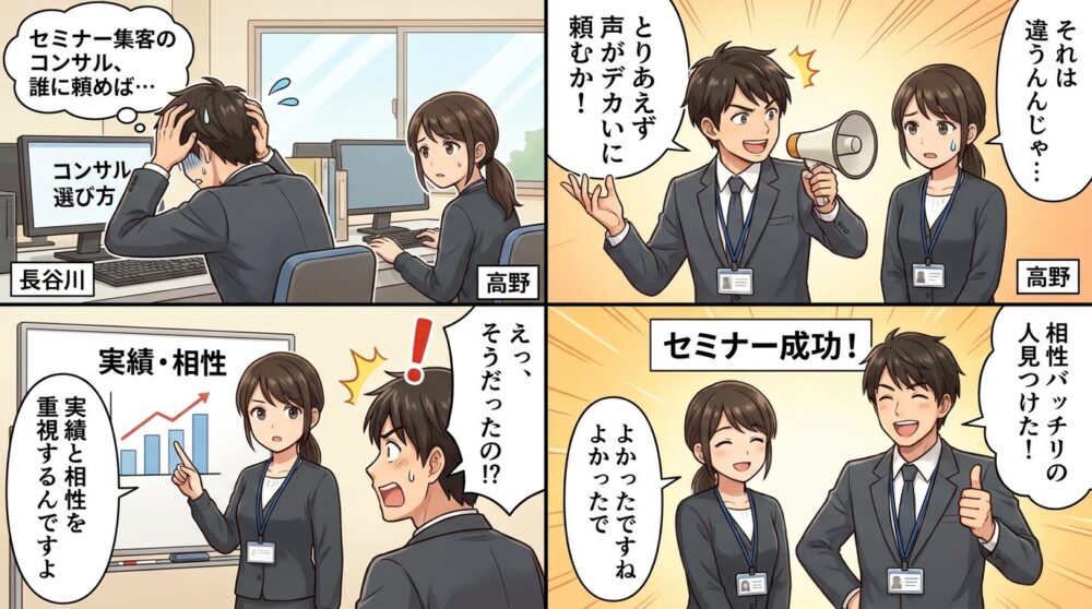 セミナー集客コンサル選び方の4コマ漫画