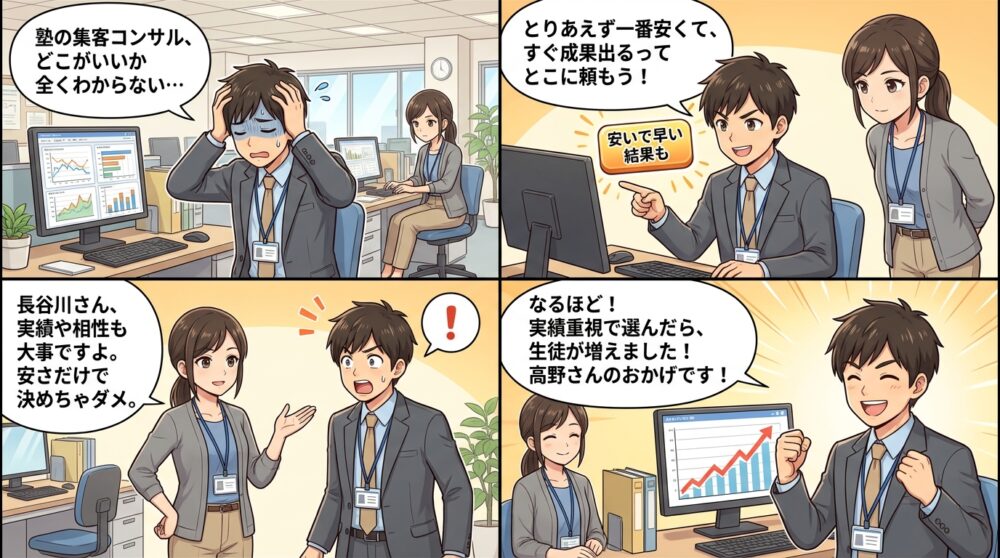 塾集客コンサル選び方の4コマ漫画