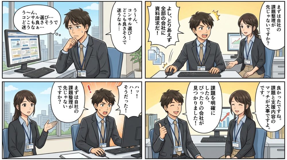 デジタルマーケティング集客コンサル選び方の4コマ漫画