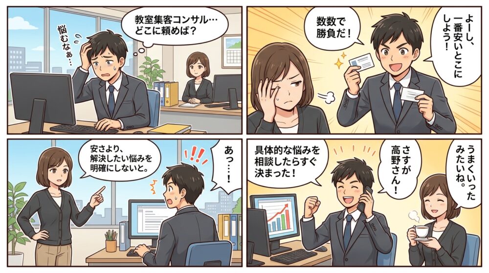教室集客コンサル選び方の4コマ漫画