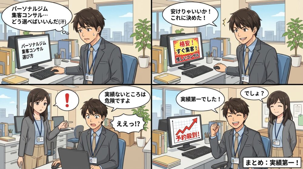 パーソナルジム集客コンサル選び方の4コマ漫画