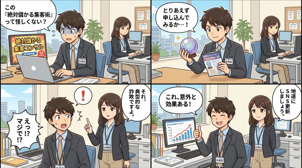 集客 コンサルタント 怪しいの4コマ漫画
