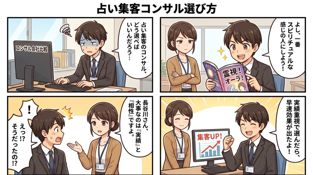 占い集客コンサル選び方の4コマ漫画