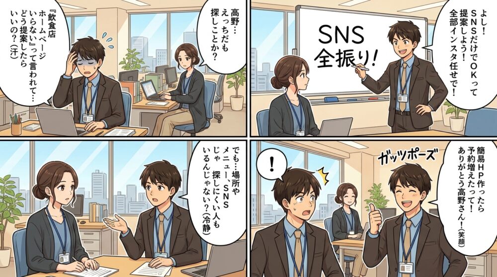 飲食店 ホームページ いらないの4コマ漫画