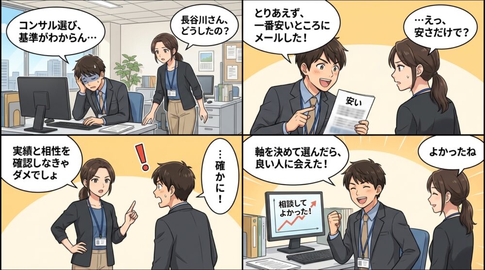 クリニック集客コンサル選び方の4コマ漫画