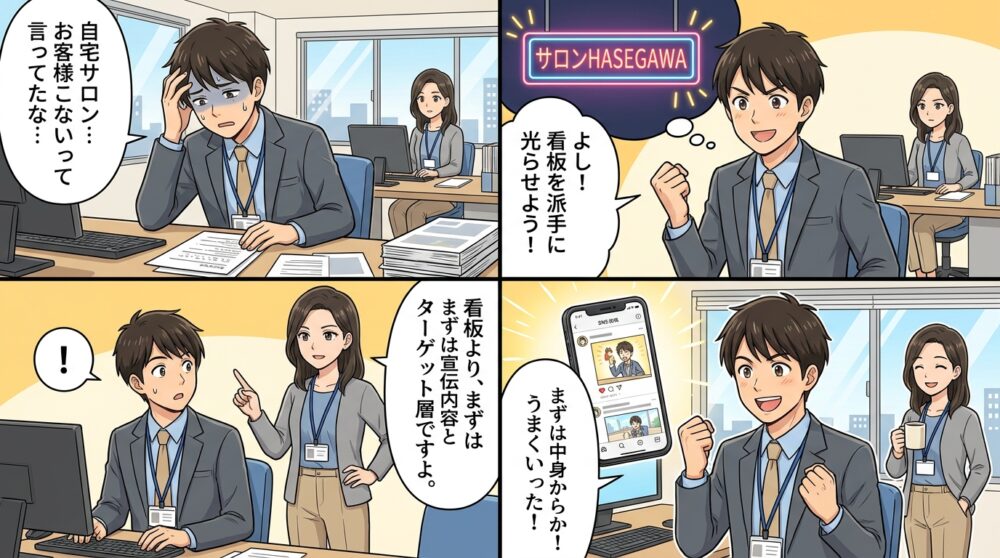 自宅サロン お客様 こないの4コマ漫画