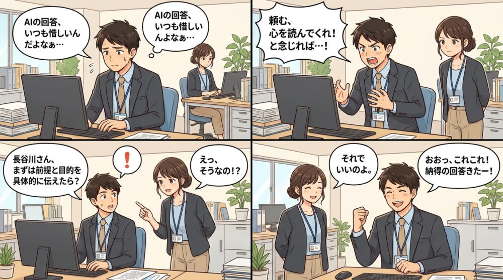AIに質問する方法とコツ 狙い通りの答えを返してもらうには？の4コマ漫画