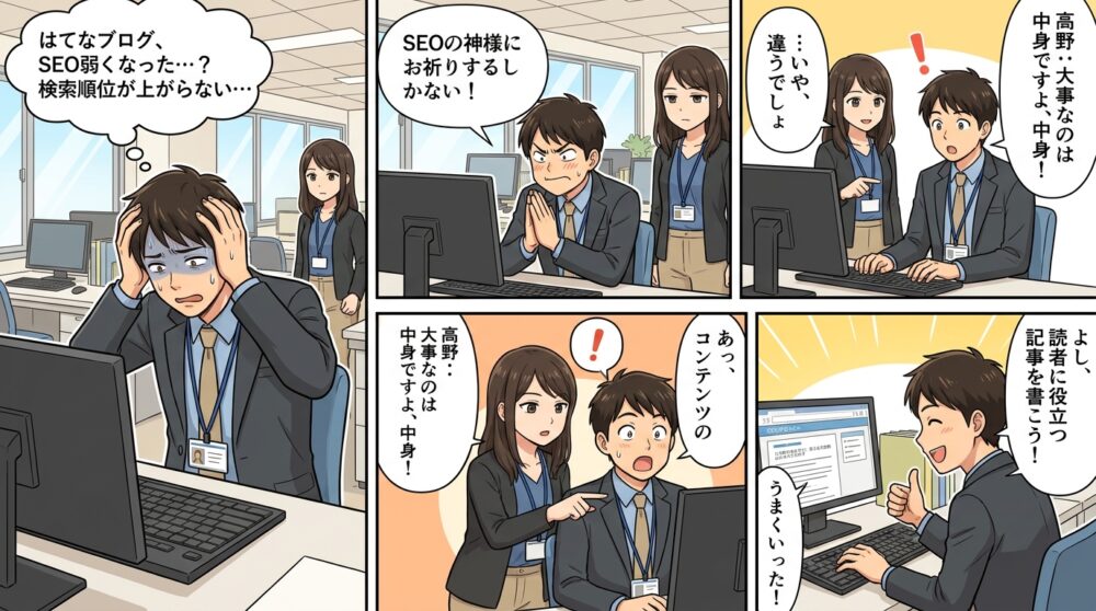 はてなブログ SEO 弱くなったの4コマ漫画