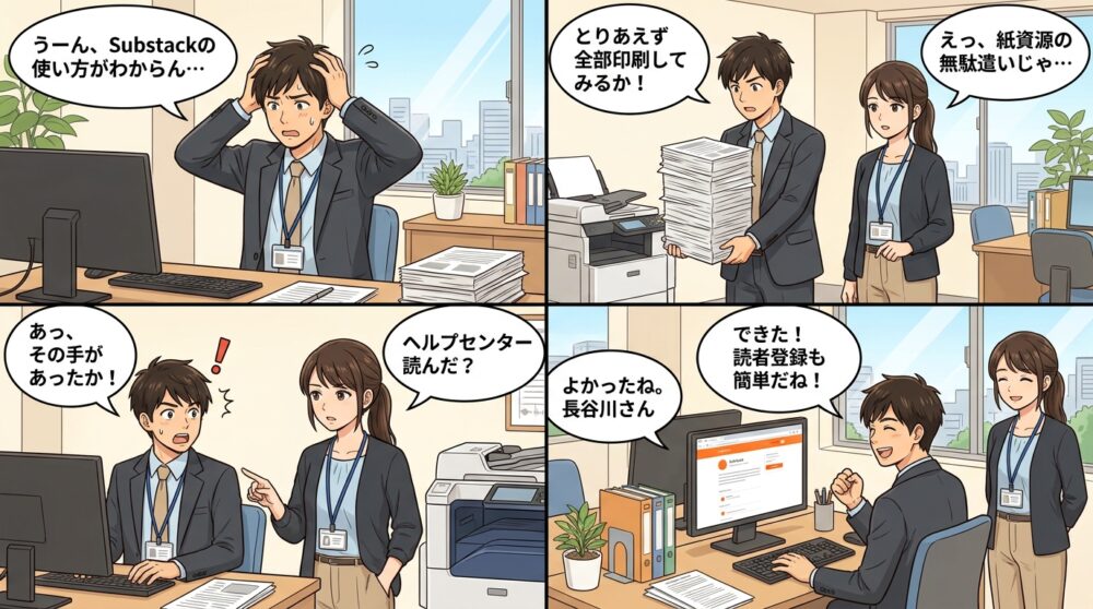 Substack 使い方の4コマ漫画