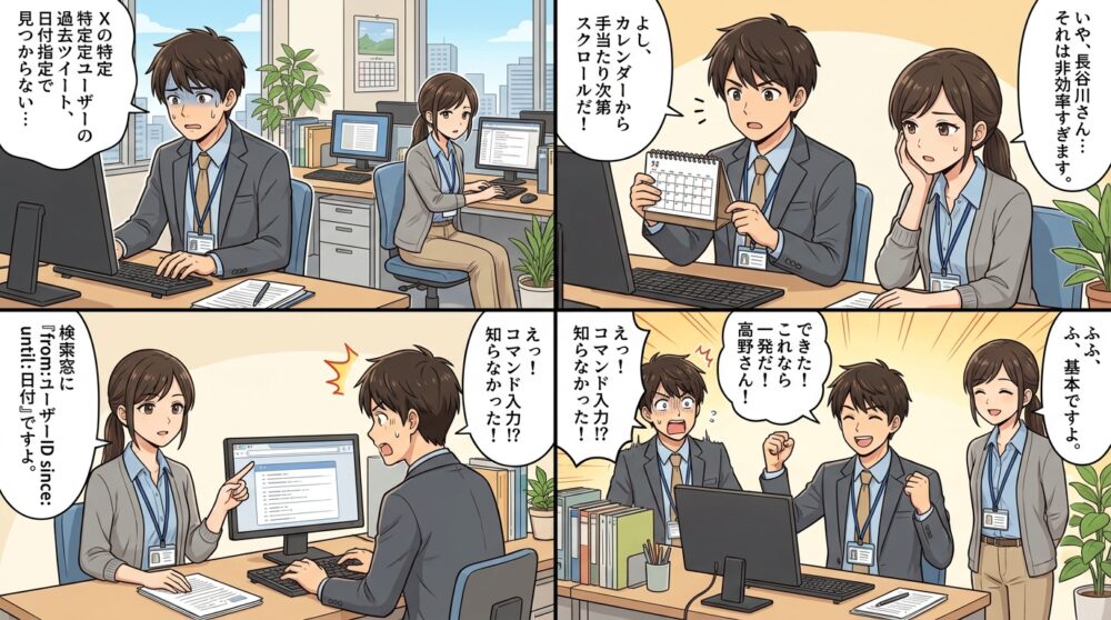X日付検索特定のユーザーの4コマ漫画