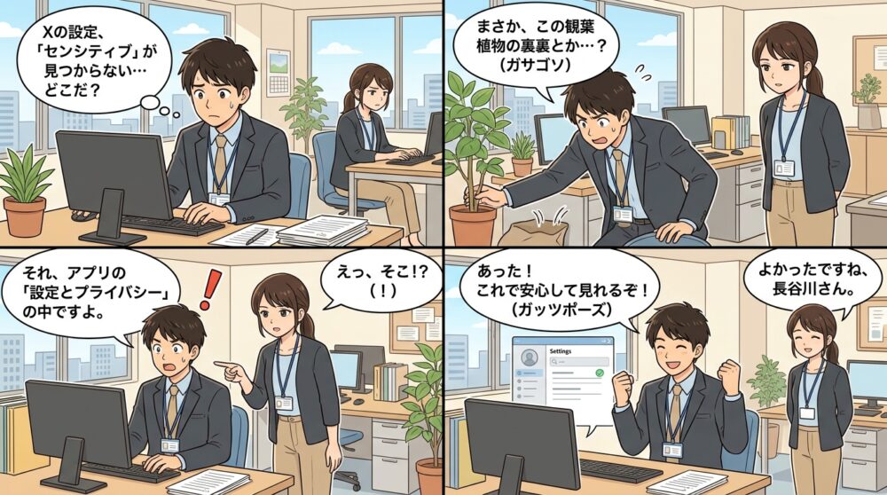 X表示するコンテンツにセンシティブがないの4コマ漫画