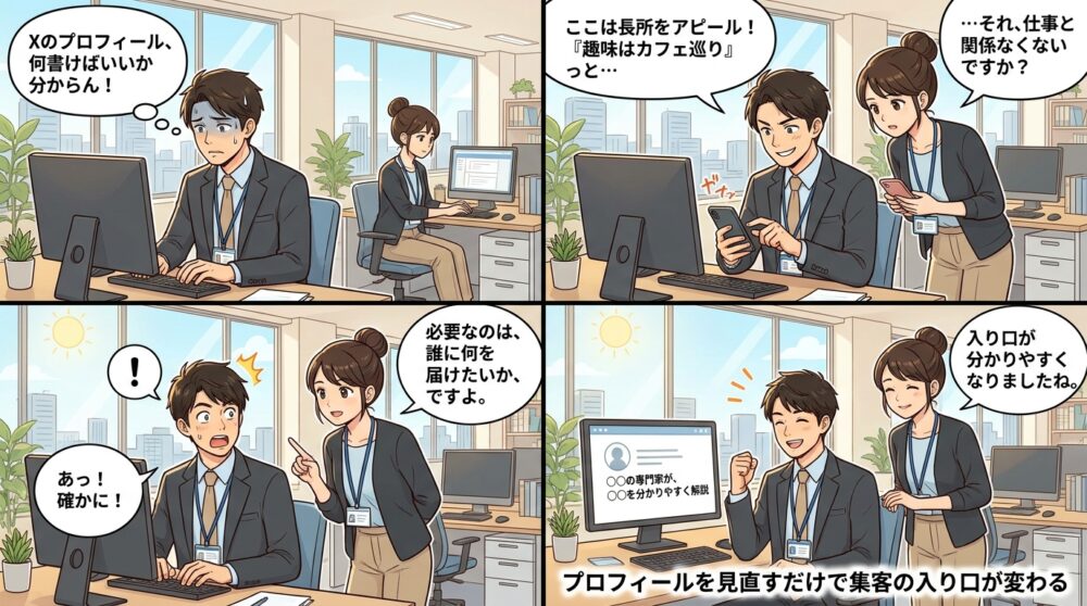 Xプロフィール書き方と注意点の4コマ漫画