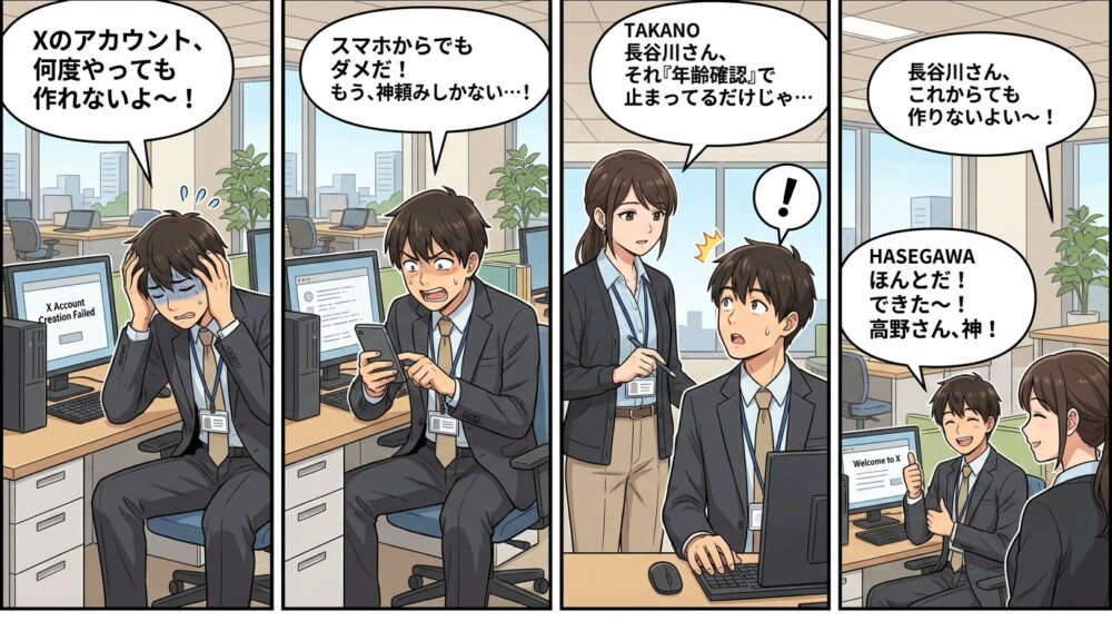 Xアカウント作成できないの4コマ漫画