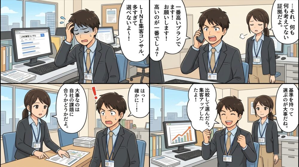 line集客コンサル選び方の4コマ漫画
