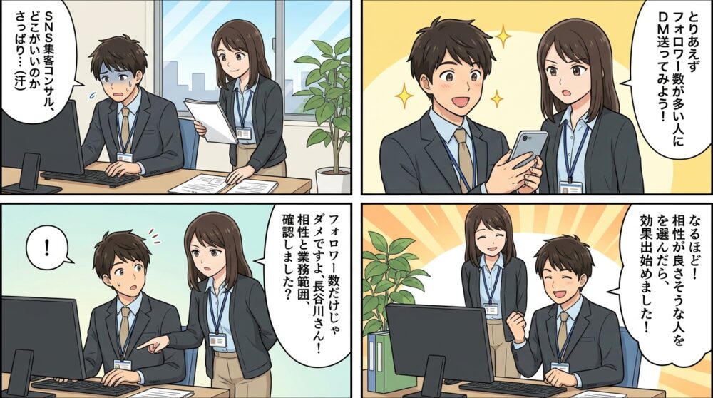 sns集客コンサル選び方の4コマ漫画