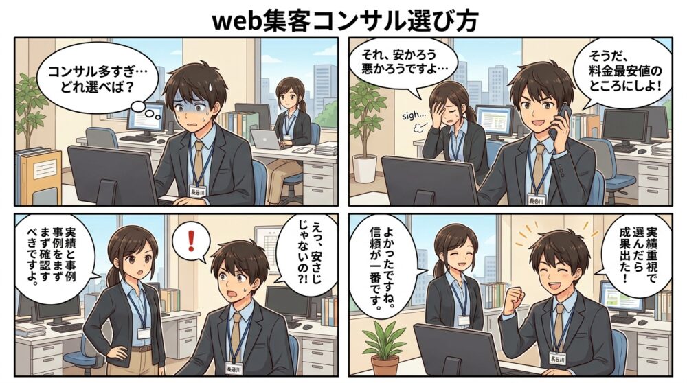 web集客コンサル選び方の4コマ漫画