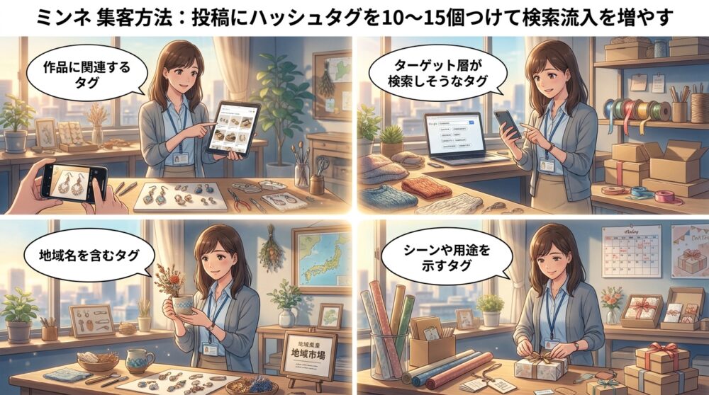 投稿にハッシュタグを10〜15個つけて検索流入を増やす