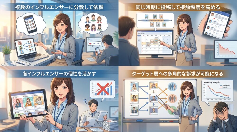 親和性の高いインフルエンサーを複数起用して接触頻度を高めている
