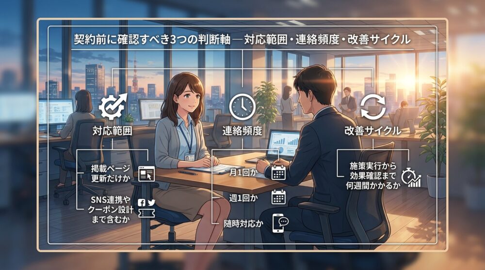 契約前に確認すべき3つの判断軸—対応範囲・連絡頻度・改善サイクル