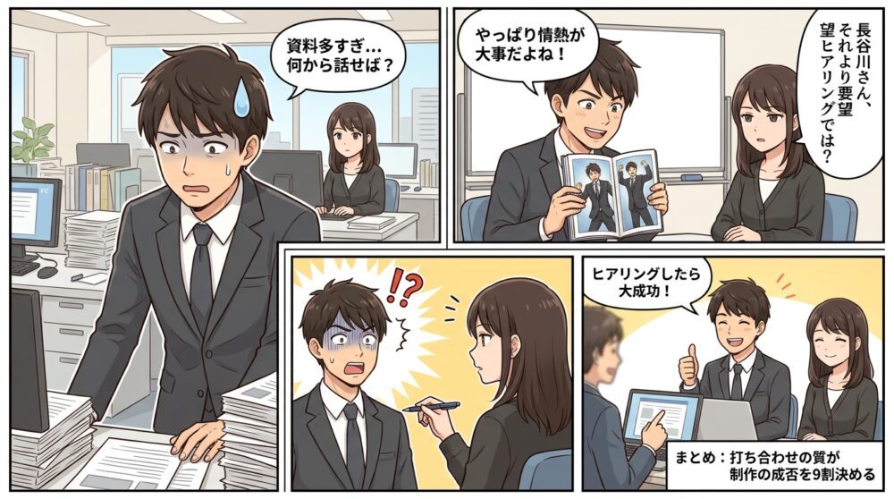 ホームページ制作 会社 打ち合わせの4コマ漫画