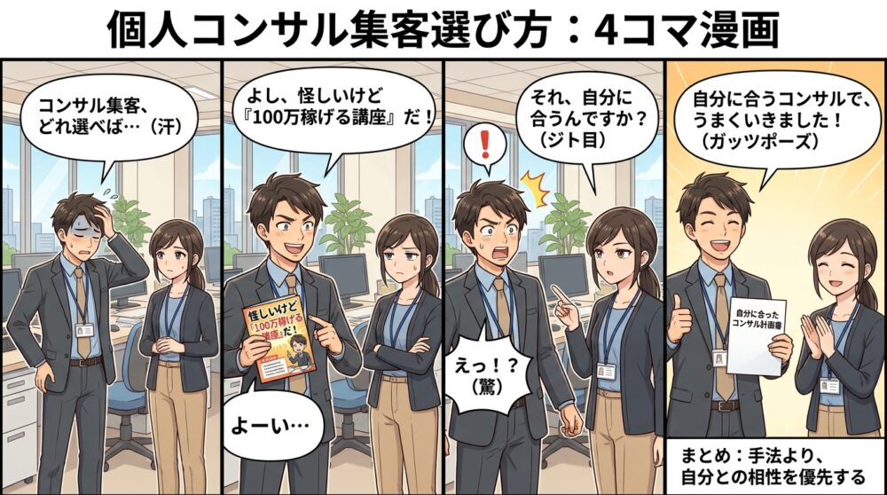 個人コンサル集客選び方の4コマ漫画