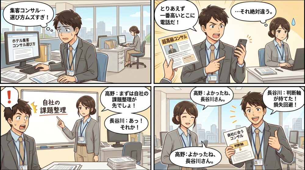 ホテル集客コンサル選び方の4コマ漫画