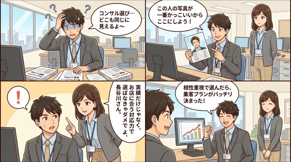 ホットペッパー集客コンサル選び方の4コマ漫画
