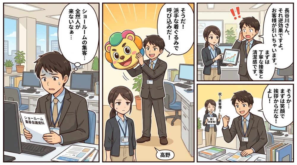 ショールーム 集客方法の4コマ漫画