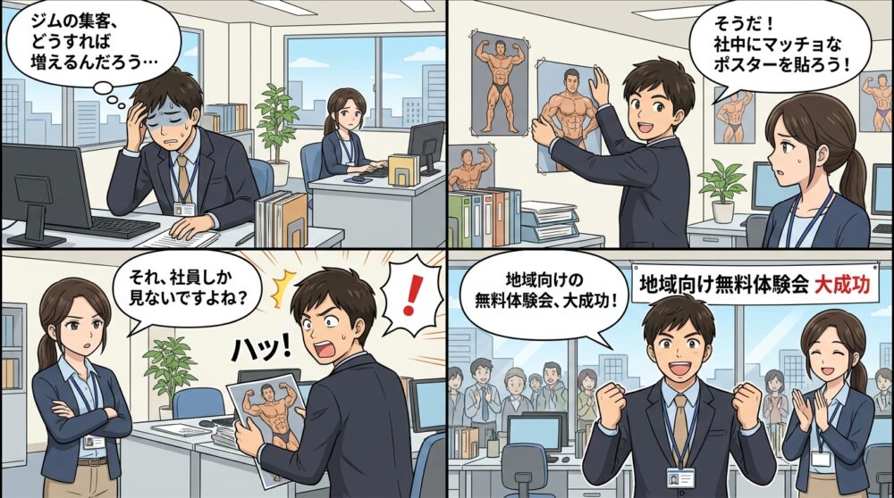 スポーツジム 集客方法の4コマ漫画