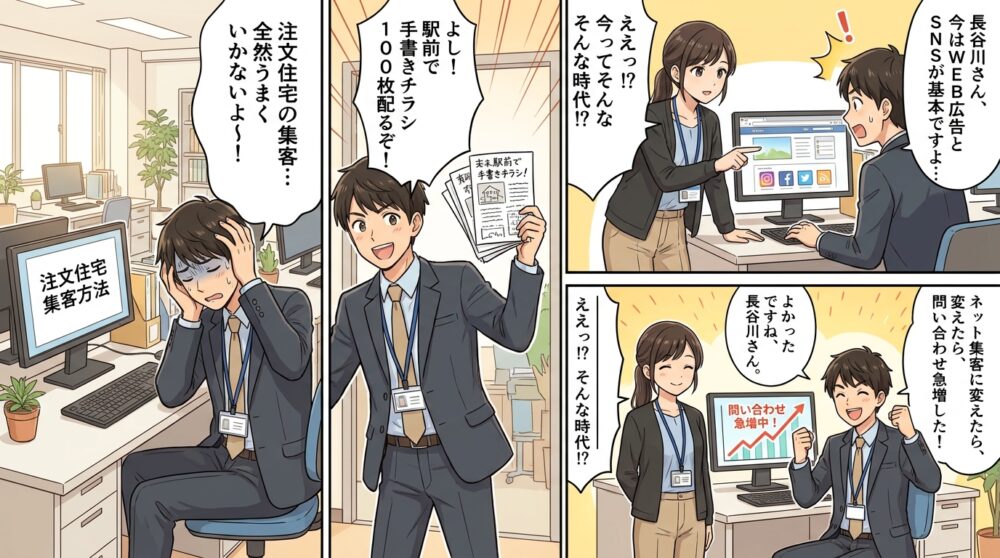 注文住宅 集客方法の4コマ漫画